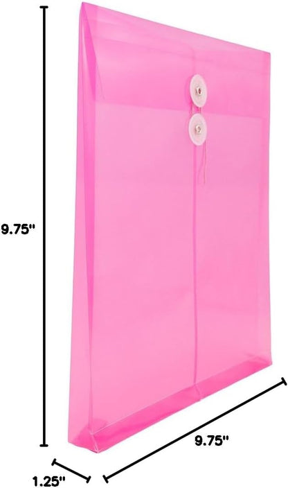 JAM PAPER Plastic Envelopes with Button & String Tie Closure - Letter Open End - 9 3/4 x 11 3/4 - Fuchsia - 12/Pack