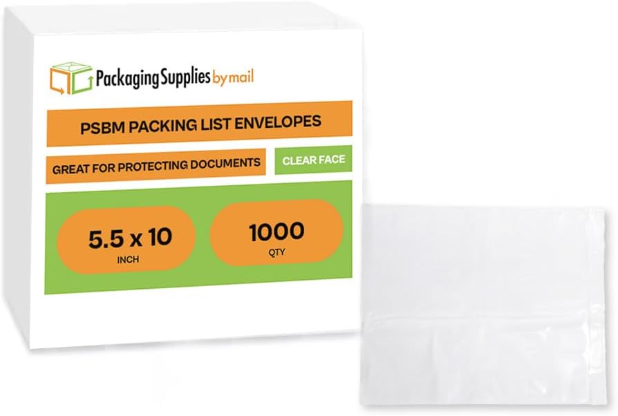 PSBM 5.5" x 10" Clear Packing List Back Side Loading Plain Face Envelopes Pouches (1000 Pieces)