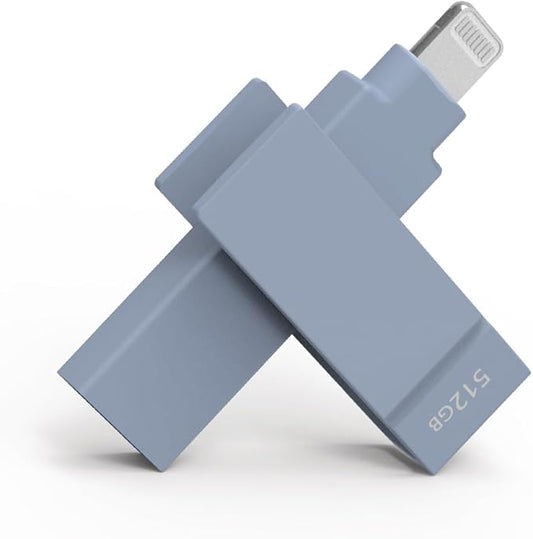 512 GB Apple MFi Certified Morandi Blue iXflash Backup Flash Drive 2-in-1 USB for iPhone, iPad, and Computer, USB Type A & Lightning, Best Photo Stick for iPhone Photo Transfer and Storage