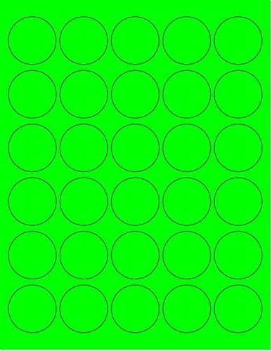 Pack of 50 Sheets, 8-1/2 x 11 Fluorescent Labels for Laser & Inkjet Printer (Green Fluorescent, 1.5" Round - 30 per Page, 1500 Labels)