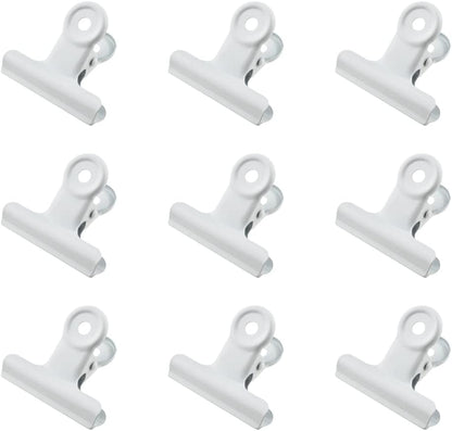 HAHIYO 2.5inch White Bulldog Clips Metal File Hinge Binder Clips Clamps Save Space Strong Spring Jaws Rock Solid Grip Book Lay Flat Deburred Edge for Hang Photos Wall Grid Dog Food 9PCS
