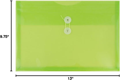 JAM PAPER Plastic Envelopes with Button & String Tie Closure - Letter Booklet - 9 3/4 x 13 - Lime Green - 12/Pack
