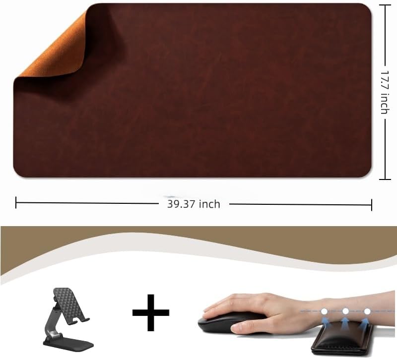 Leather Desk pad for Computer and laptops, Ideal for Gaming and Office use, Large Mouse pad and Keyboard mat,Desk mat Special for Man. A complimentary Wrist pad and Phone Stand.(Brown, 17.7" x 39.37)