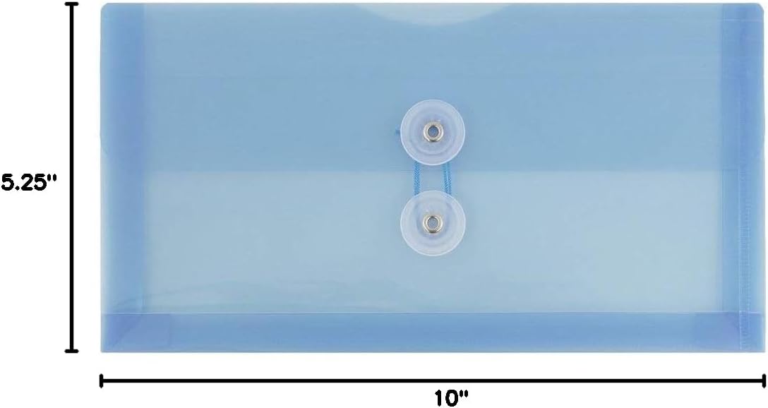 JAM PAPER Plastic Envelopes with Button & String Tie Closure - #10 Business Booklet - 5 1/4 x 10 - Blue - 12/Pack