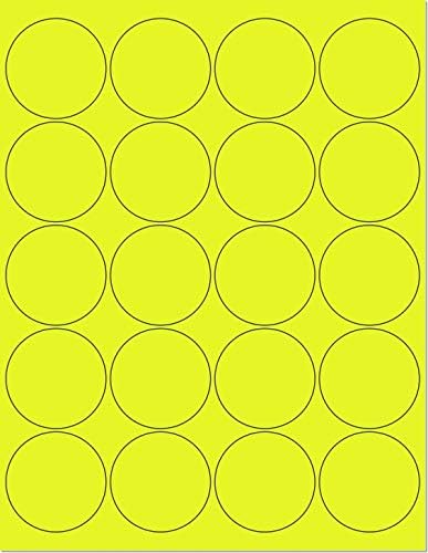 Pack of 25 Sheets, 8-1/2 x 11" Fluorescent Labels for Laser & Inkjet Printer (Yellow Fluorescent, 2" Round - 20 Per Page, 500 Labels)