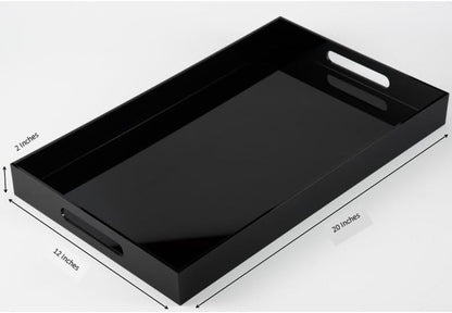 Glossy Black Sturdy Acrylic Serving Tray with Handles-12x20Inch-Serving Coffee,Appetizer,Breakfast,Butler-Kitchen Countertop Makeup Drawer Organizer-Vanity Table Ottoman Decorative Tray