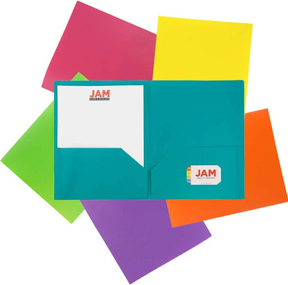 JAM PAPER Plastic 2 Pocket POP Folders - Durable School Folders - Assorted Fashion Colors - 6/Pack
