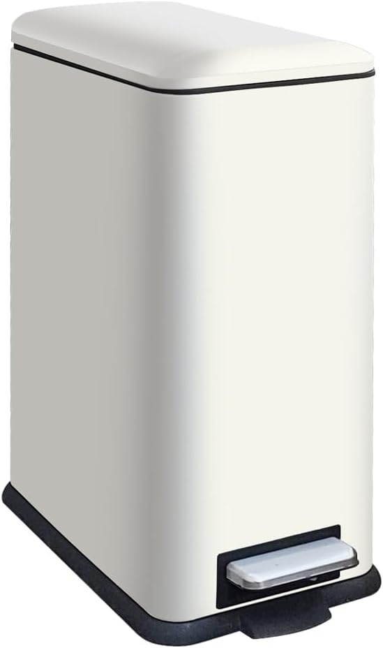 Kitchen Rubbish Bin, 30 L, Narrow Pedal Bin with Lid, Stainless Steel Kitchen Rubbish Bin with Inner Bucket, Rectangular Waste Bin for Kitchen, Bathroom, Bedroom, Office, White