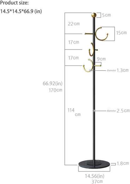 BUZUYE Modern Coat rack with marble base,Coat rack freestanding heavy duty with gold hooks,Entryway coat rack stand Coat Tree freestanding coat hanger stand for Hanging Clothes, Hats, Bags