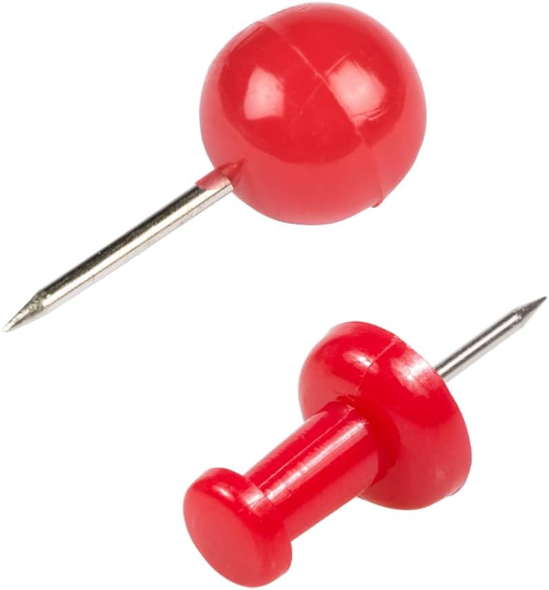 JAM PAPER Colorful Push Pins - Flat & Round Head Thumb Tack Combo Set - Red Pushpins - 200/Pack