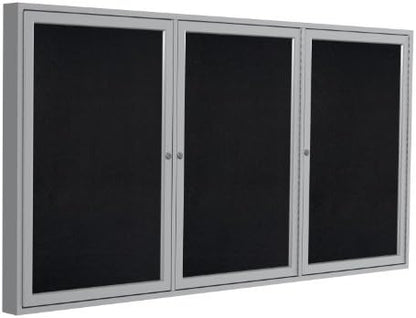 Ghent 36"x72" 3-Door indoor Enclosed Recycled Rubber Bulletin Board, Shatter Resistant, with Lock, Satin Aluminum Frame,Black (PA33672TR-BK) ,Made in the USA