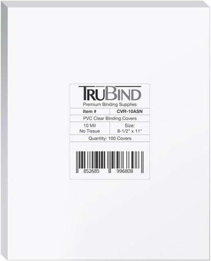 TruBind Binding Covers for Reports and Presentations - Crystal Clear PVC - 10 Mil Thick - Letter Size - 8 1/2 inch x 11 inch - Square Corners - No Tissue Interleaving - 100/Bx (CVR-10ASN)