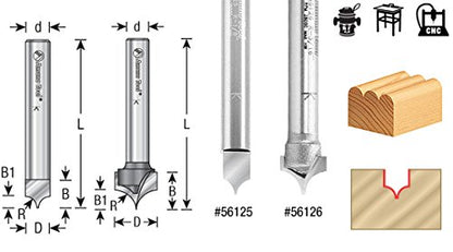 Amana Tool 56125-M Solid Carbide Point Cutting Roundover 3mm R x 6mm D x 8mm CH x 6mm SHK x 50mm Long Router Bit for Beadboards