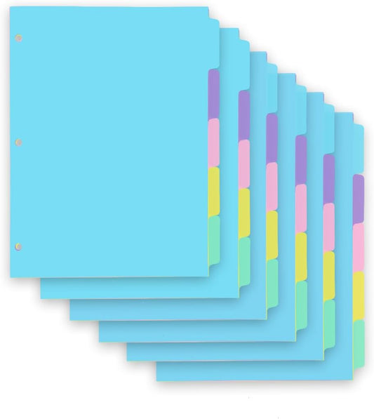 5-tabs 6 Set Binder Dividers with Tabs,Plastic Index with Label,Colored Tab Dividers for 3 Ring Binder (Total 30 Pcs)