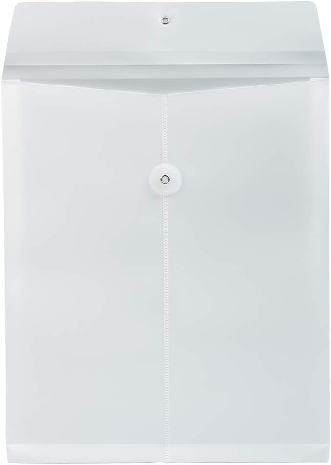 JAM PAPER Plastic Envelopes with Button & String Tie Closure - Letter Open End - 9 3/4 x 11 3/4 - White - 12/Pack