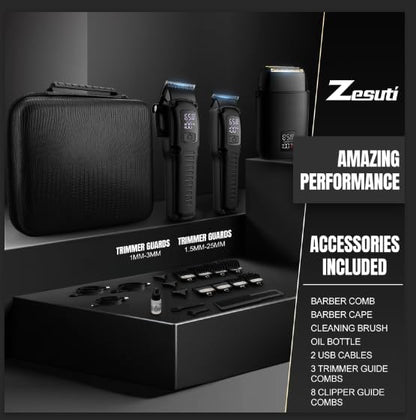 Professional Barber Hair Clippers Trimmer Shaver Set for Men,Cordless Hair Cutting Kit & Zero Gap T-Blade Trimmer & 8500 RPM Electric Shaver Combo with EVA Case,Mens Gift