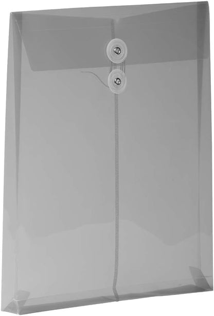 JAM PAPER Plastic Envelopes with Button & String Tie Closure - Letter Open End - 9 3/4 x 11 3/4 - Smoke Gray - 12/Pack