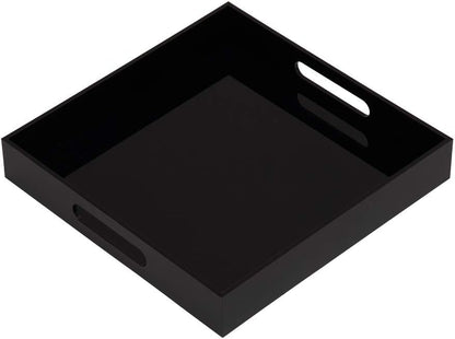 Glossy Black Sturdy Acrylic Serving Tray with Handles - 12x12 Inch Multipurpose Tray for Coffee, Appetizers, Breakfast, and More