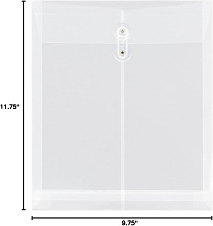 JAM PAPER Plastic Envelopes with Button & String Tie Closure - Letter Open End - 9 3/4 x 11 3/4 - Clear - 12/Pack