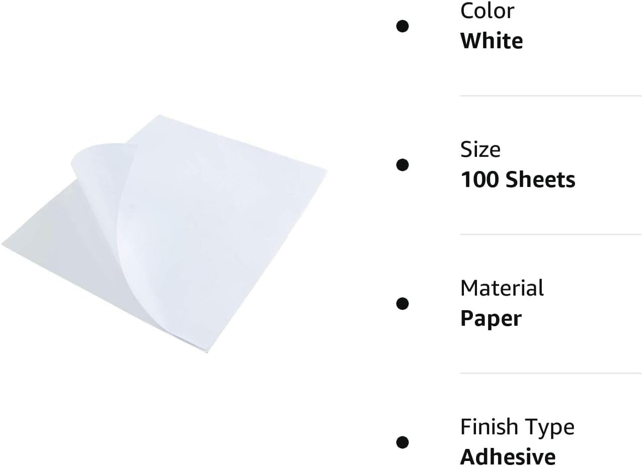 L LIKED 8.5" x 11" Printable White Sticker Paper Full Sheet Label, Matte, for Laser & Inkjet Printers (100 Sheets)
