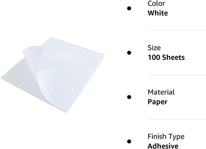 L LIKED 8.5" x 11" Printable White Sticker Paper Full Sheet Label, Matte, for Laser & Inkjet Printers (100 Sheets)