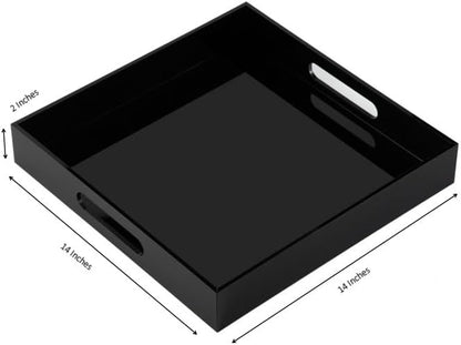 Glossy Black Acrylic Serving Tray - 14x14Inch, Multipurpose, Sturdy, Modern Style, Spill Proof, Countertop Organizer, Vanity Table Tray
