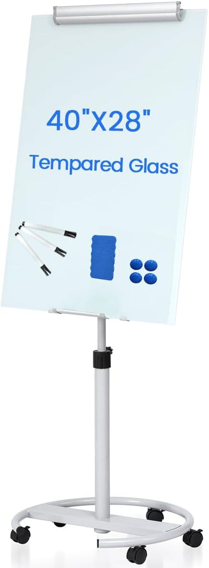 Rolling Writeboard Premium Tempered Magnetic Glass Whiteboard 40"x28" Rolling Dry Erase Board with Tempered Glass Surface Adjustable Height Multi-Use Standing (White)