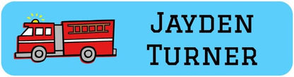 Name Bubbles - Custom Small Rectangle Name Labels for Kids (64 Labels) - Personalized Waterproof Name Stickers for Daycare, Lunch Boxes, Water Bottles, Shoes, School Supplies, & Camp (Fire Truck)