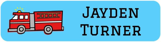 Name Bubbles - Custom Small Rectangle Name Labels for Kids (64 Labels) - Personalized Waterproof Name Stickers for Daycare, Lunch Boxes, Water Bottles, Shoes, School Supplies, & Camp (Fire Truck)