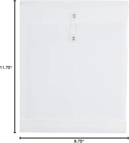 JAM PAPER Plastic Envelopes with Button & String Tie Closure - Letter Open End - 9 3/4 x 11 3/4 - White - 12/Pack