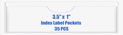 Origin-Joy 35 PCS Self Adhesive Index Card Pockets with Top Open, Clear Plastic Label Holder for Cards of Note, Library and Business, Adhesive Label Pockets & Card Holder (3.5 x 1 inch)