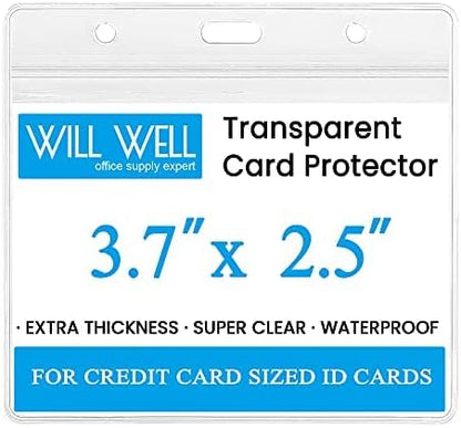Will Well ID Badge Holders with Holes for Lanyards and Keyrings - Horizontal Clear Plastic 3.7" x 2.5" Inner Size Sleeves Fit Up to 3 Cards, 0.8mm Thick Waterproof Resealable Zip Type - 6-Pack
