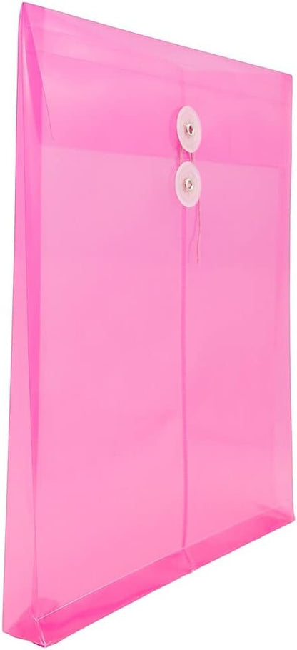 JAM PAPER Plastic Envelopes with Button & String Tie Closure - Letter Open End - 9 3/4 x 11 3/4 - Bright Hot Pink - 12/Pack