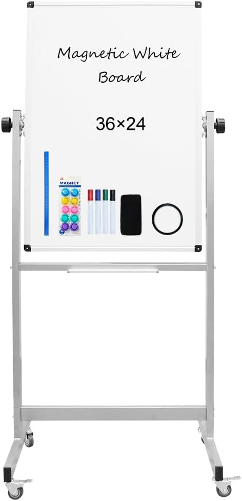 XIWODE 24x36 Inch Magnetic Double-Sided Mobile Whiteboard with Wheels, Adjustable Height, Flip & Rotate Design, Durable Square Tube Frame, for Office, Classroom, Home, and Presentations