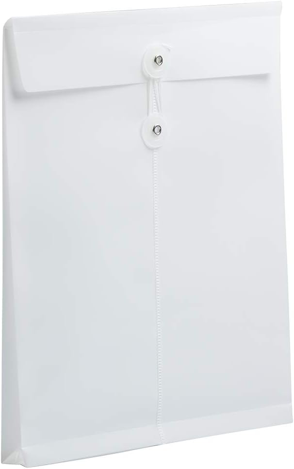 JAM PAPER Plastic Envelopes with Button & String Tie Closure - Letter Open End - 9 3/4 x 11 3/4 - White - 12/Pack