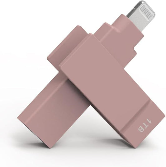 1 TB Backup Flash Drive 2-in-1 Lightning & USB Type A for iPhone, iPad, and Computer Apple MFi Certified Morandi Pink iXflash, External Hard Drive for iPhone