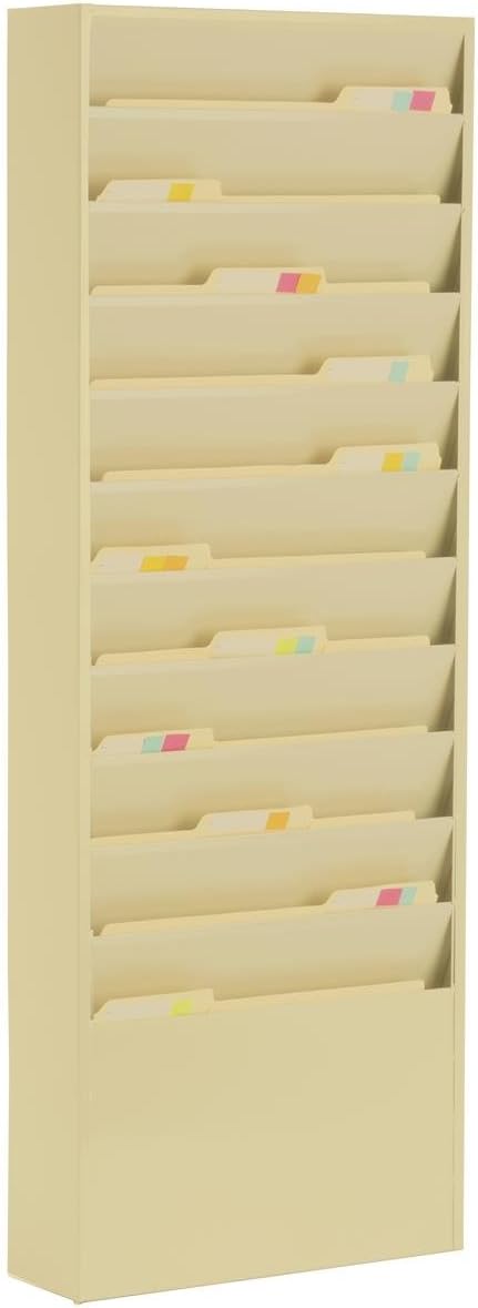 Durham Displays2go Hanging File Folder Rack with 11 Tiered Pockets, Wall Mount Office Organizer - Tan Powder-Coated Steel