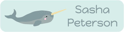 Name Bubbles - Custom Small Rectangle Name Labels for Kids (64 Labels) - Personalized Waterproof Name Stickers for Daycare, Lunch Boxes, Water Bottles, Shoes, School Supplies, & Camp (Narwhal)