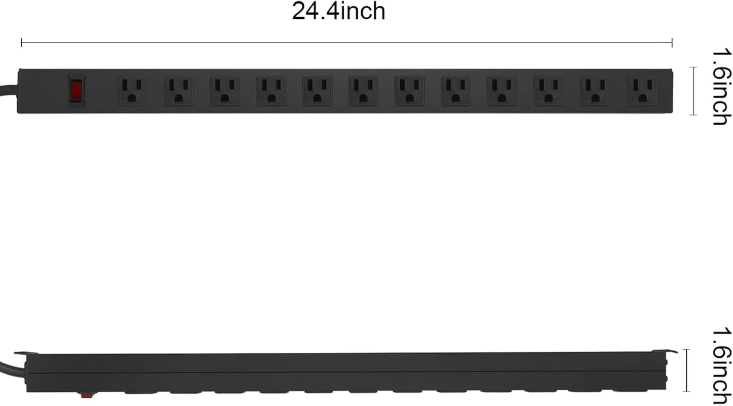 Metal Wall Mount Power Strip, Mountable Power Outlet with 12 AC Outlets, Aluminum Alloy Mount Power Socket with Switch, 3 FT SJT 3/C 14AWG Power Cord, 15A 125V 1875W (12AC)