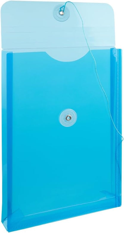 JAM PAPER Plastic Envelopes with Button & String Tie Closure - 6 1/4 x 9 1/4 - Blue - 3/Pack