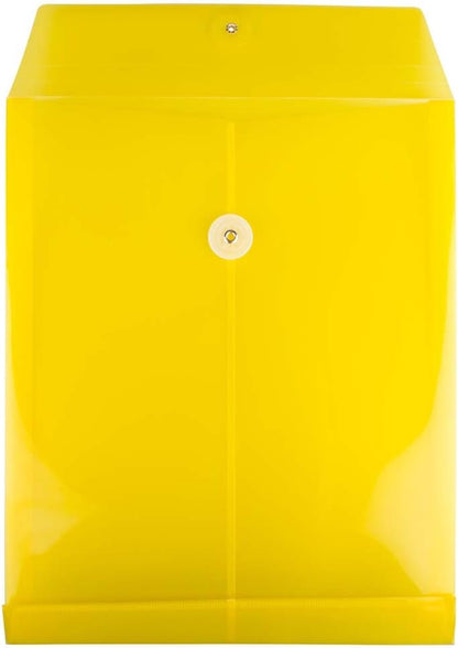 JAM PAPER Plastic Envelopes with Button & String Tie Closure - Letter Open End - 9 3/4 x 11 3/4 - Yellow - 12/Pack