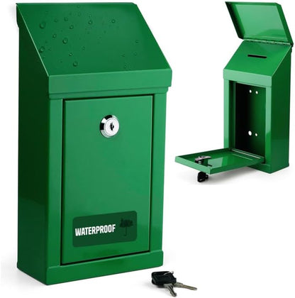 Metal Donation Box-Suggestion Box with Slot and lock-Cash Lock box for Money-Waterproof Drop Box-Comment and ballot voting box-comes with pre-drilled holes for easy wall mounting 10 X 6 X 2.5"(Green)