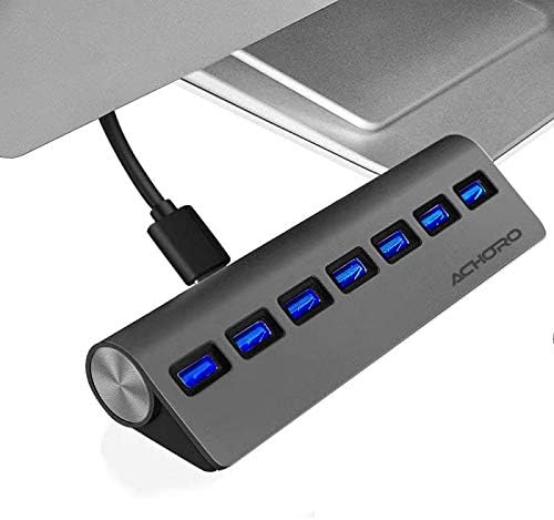 Achoro 7 Ports USB 3.0 Hub - Triangle Aluminum Alloy - High-Speed USB Port Expander - Compatible with PC, iMac, MacBook, Windows, Desktop, and More – Computer Multiple USB HUB (Space Grey)