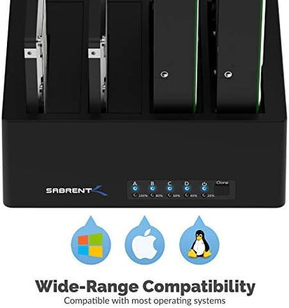 SABRENT 4-Bay USB 3.0 Docking Station for 2.5/3.5” SATA SSD/HDD, Tool-Free Trayless Design, USB 3.2 Gen 1 5Gbps, Supports 4 Drives Simultaneously, Compatible with Windows, macOS, Linux (DS-U3B4)