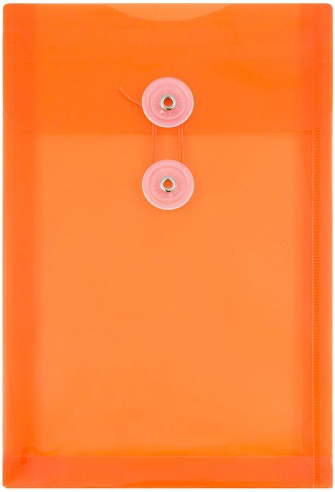 JAM PAPER Plastic Envelopes with Button & String Tie Closure - 6 1/4 x 9 1/4 - Bright Orange - 3/Pack