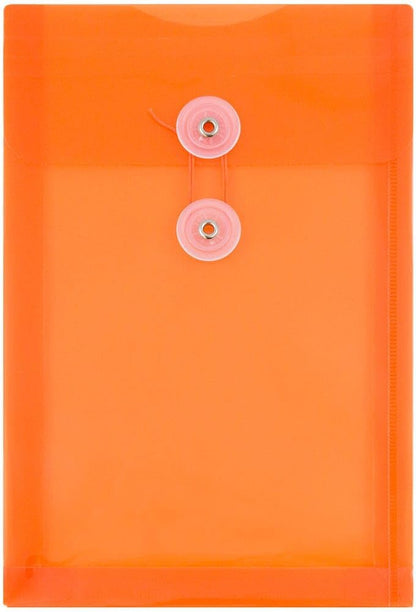 JAM PAPER Plastic Envelopes with Button & String Tie Closure - 6 1/4 x 9 1/4 - Bright Orange - 3/Pack