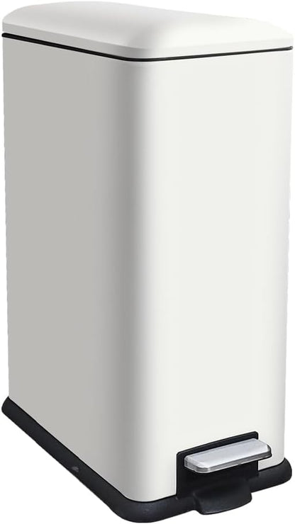 12 Gallon Slim Kitchen Trash Can, Rectangular Trash Can with Removal Inner Bucket and Soft-Close Lid, Foot Pedal, Stainless Steel Garbage Can 45 Liter, White