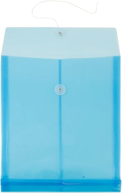 JAM PAPER Plastic Envelopes with Button & String Tie Closure - Letter Open End - 9 3/4 x 11 3/4 - Blue - 12/Pack