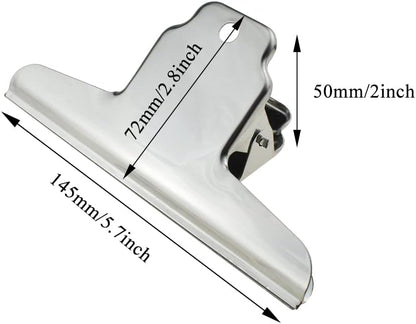 HAHIYO 5.7inch Silver Bulldog Clips Metal File Hinge Binder Clamps Save Space Strong Spring Jaws Rock Solid Grip Book Lay Flat Deburred Edge for Hang Photos Wall Grid Dog Food 5PCS