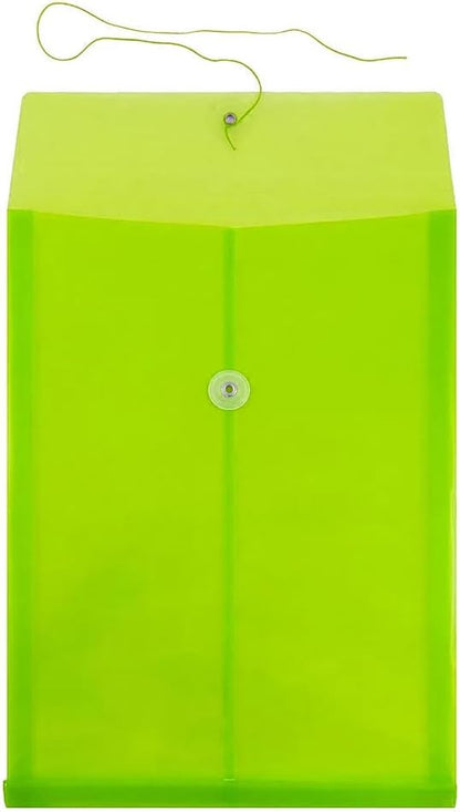 JAM PAPER Plastic Envelopes with Button & String Tie Closure - Legal Open End - 9 3/4 x 14 1/2 - Lime Green - 12/Pack